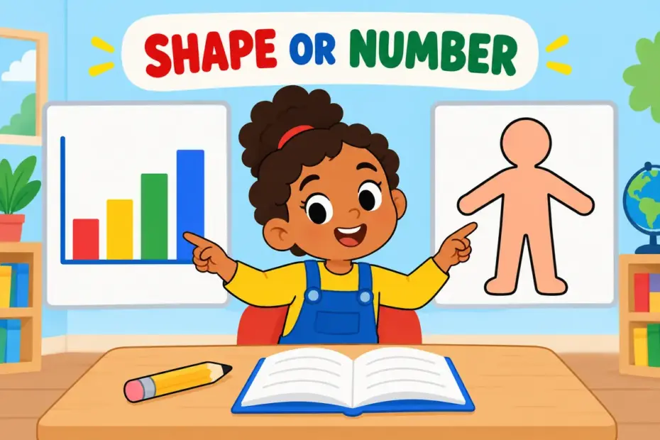 Cartoon child stands beside a tall chart and a painted outline, illustrating figure in a sentence as a number or a shape.