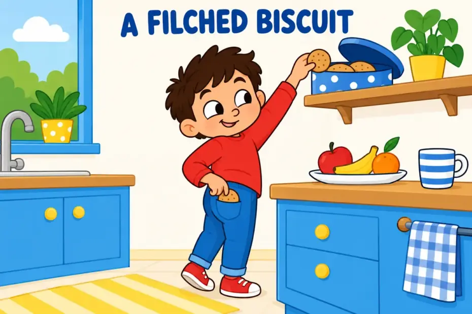 Cartoon child slips a biscuit from a tin while glancing around, showing filch in a sentence as a small quiet theft.