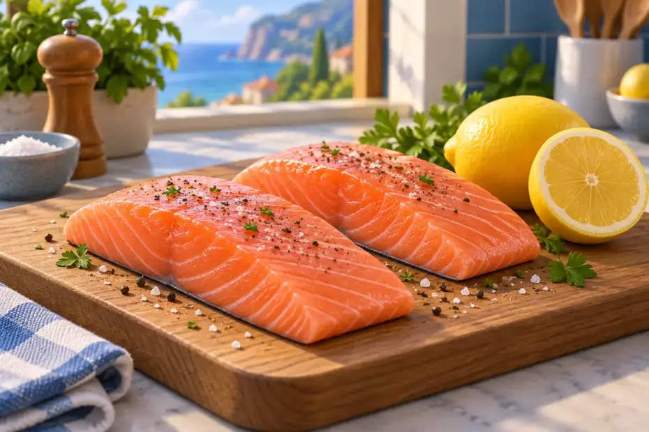Two boneless fish portions rest on a cutting board beside a lemon.