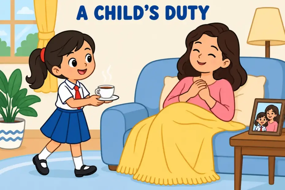 A cartoon girl carries a cup of tea to her mother on a sofa, illustrating filial in a sentence as a child's respect for a parent.