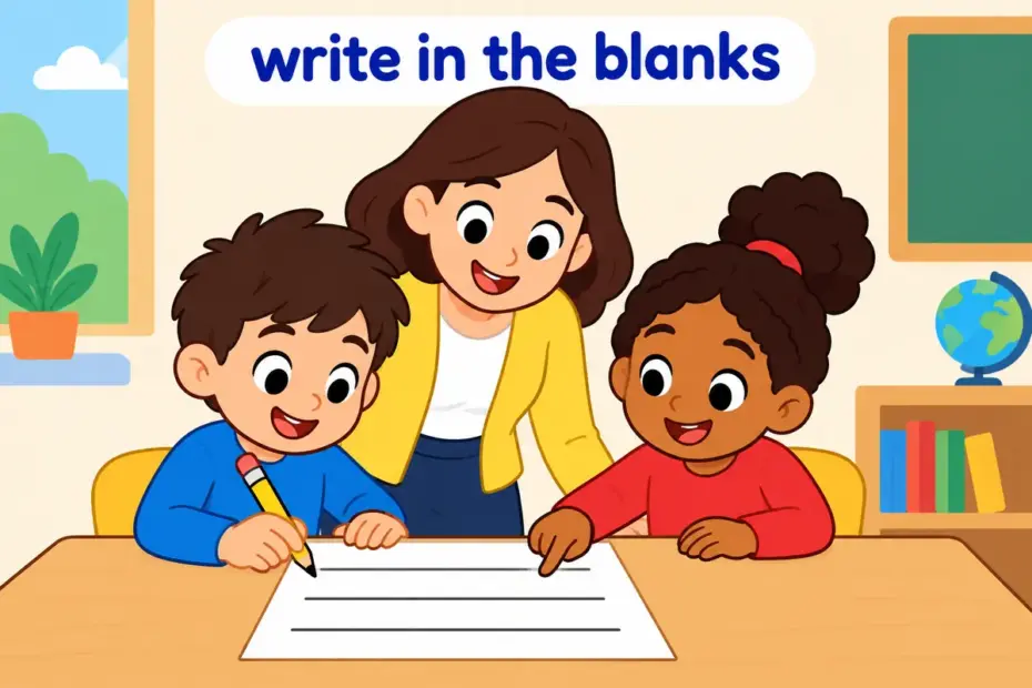 Cartoon children fill in a form at a school desk, showing fill in in a sentence as adding missing details.