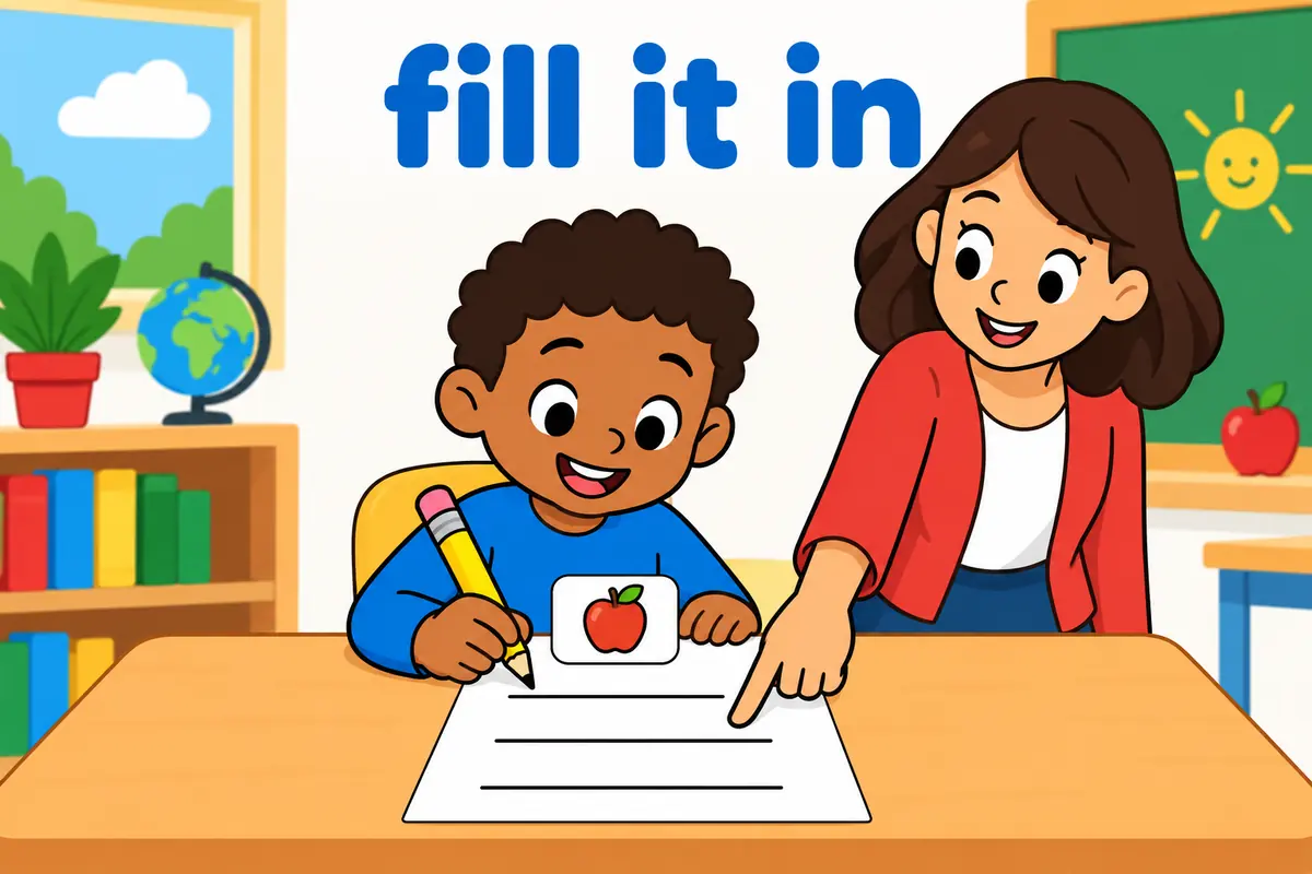 A cartoon child writes a name into a form with a large pencil while a teacher points to the blank line.