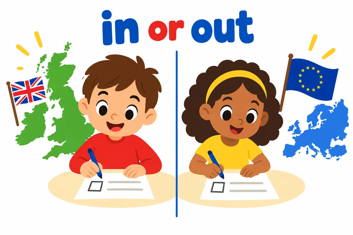 A cartoon split scene contrasts a British child writing on a form with an American child writing on the same form.