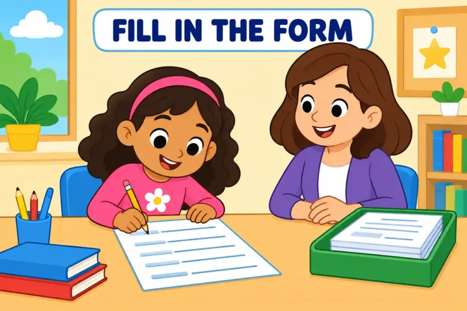 Cartoon child completes every blank line of a form at a school desk, showing fill out in a sentence as finishing a document.