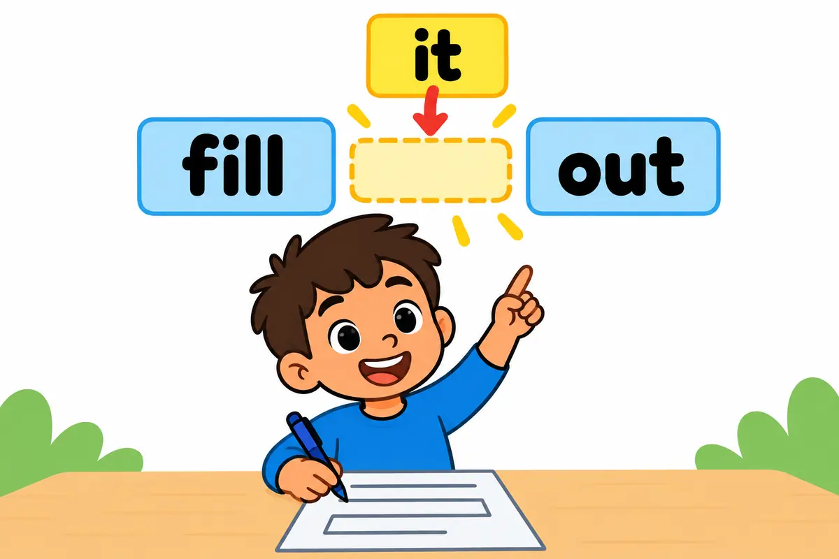 A cartoon child writes answers into the blanks of a form while a highlighted slot shows the pronoun sitting between fill and out.