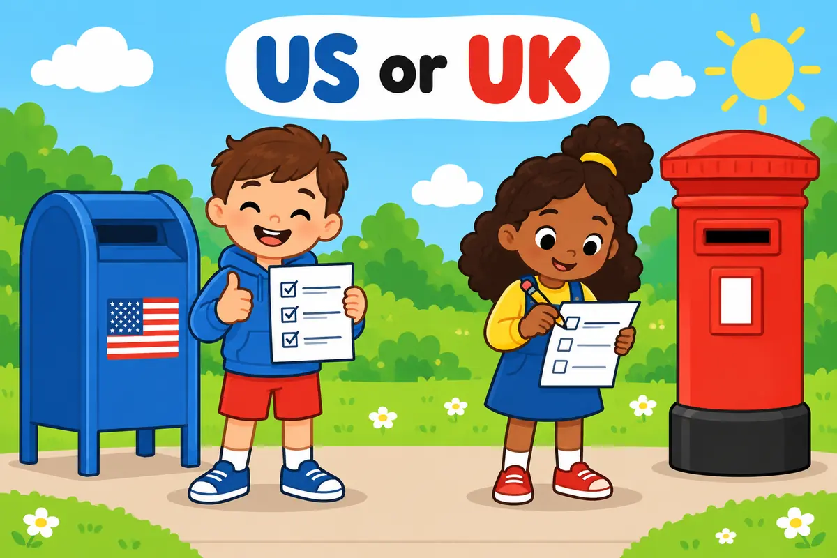 A cartoon shows an American mailbox beside a completed form with a British postbox beside a pencil filling one blank.