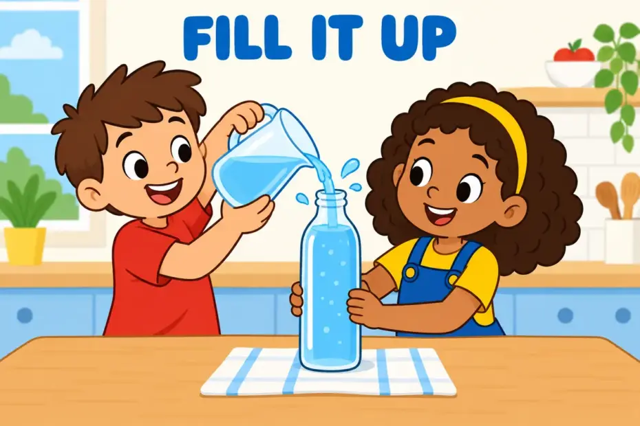 Cartoon children pour water into a large bottle until it is full, illustrating fill up in a sentence as making something full.