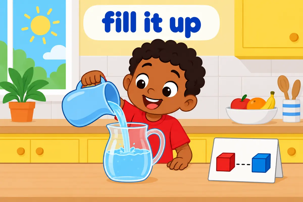 A cartoon child pours water into a container while a card shows a pronoun slot between fill and up.
