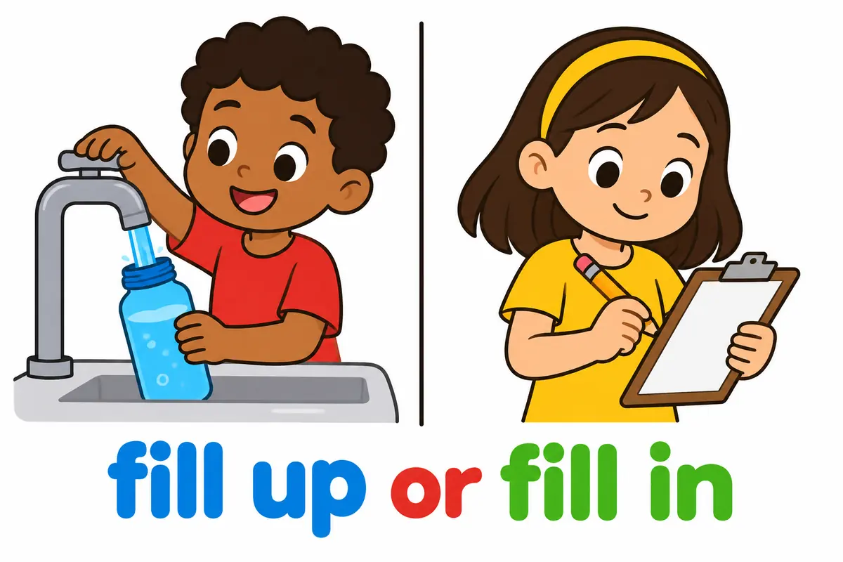 A cartoon split scene contrasts a child filling a water bottle with a child completing a form, showing the two verbs.
