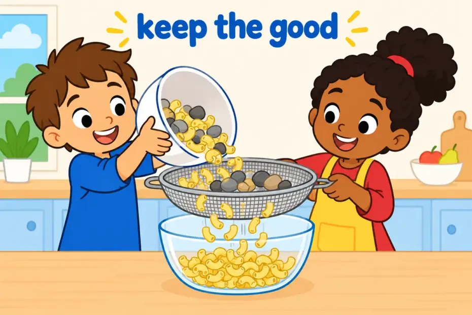 Cartoon children pour a mix through a sieve, showing filter out in a sentence as separating unwanted pieces from good ones.