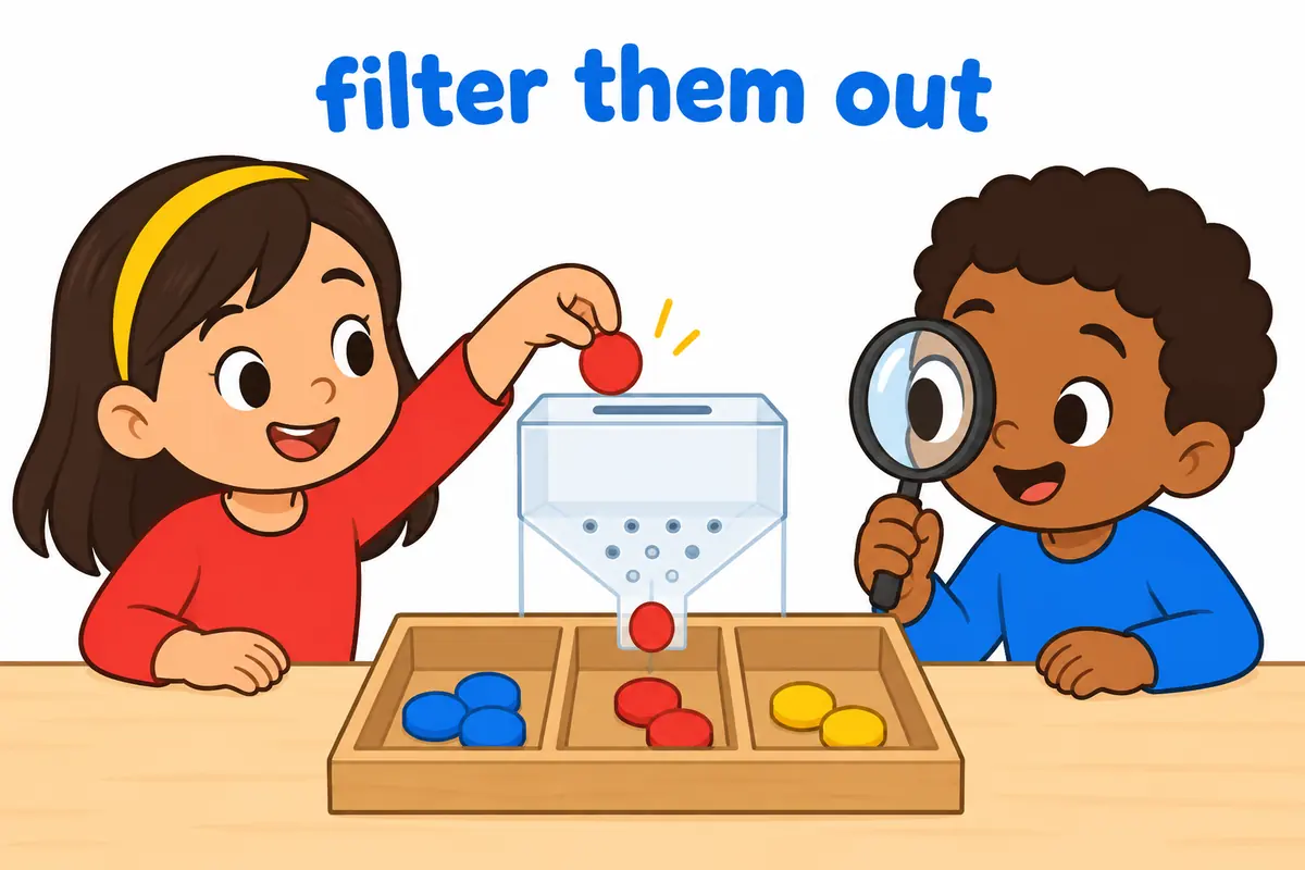 Cartoon children slide a small card labelled with a pronoun into the gap between filter and out on a sorting board.