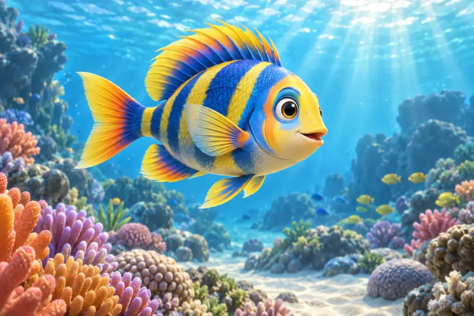 A bright tropical fish swims among coral with its fins extended.