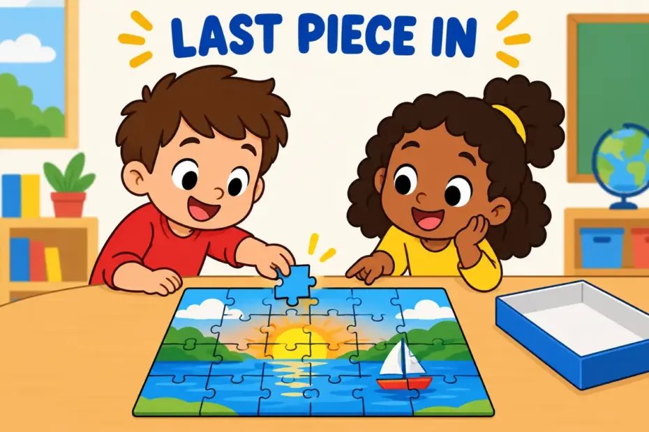 Cartoon children place the final piece in a jigsaw, showing finish off in a sentence as completing the last part.