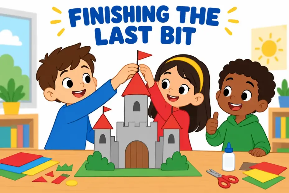Cartoon pupils add the final piece to a paper castle, illustrating finish up in a sentence as completing the last part of a task.