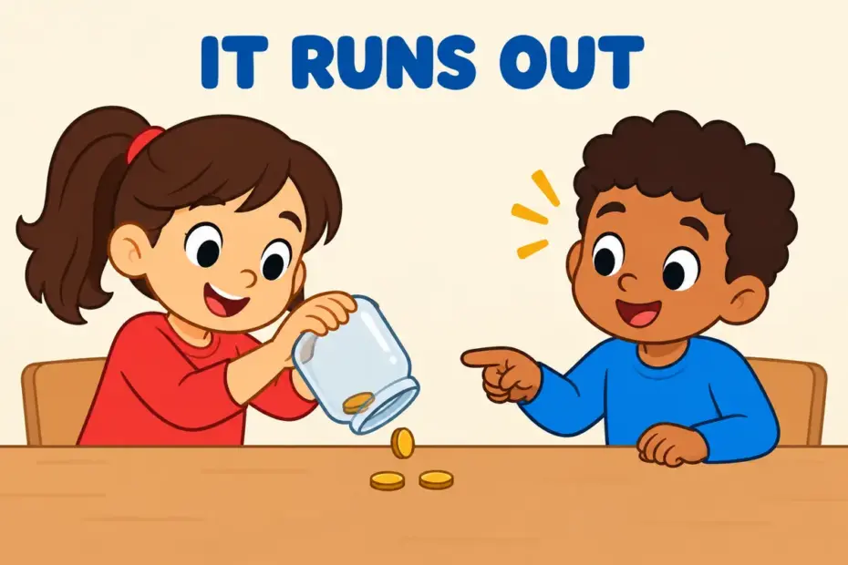 Cartoon children watch a jar of coins empty onto a table, showing finite in a sentence as something with a limit.