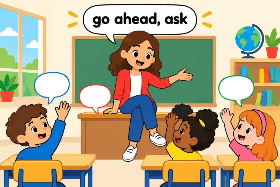 A cheerful cartoon teacher nods to pupils with raised hands, showing fire away in a sentence as an invitation to ask.