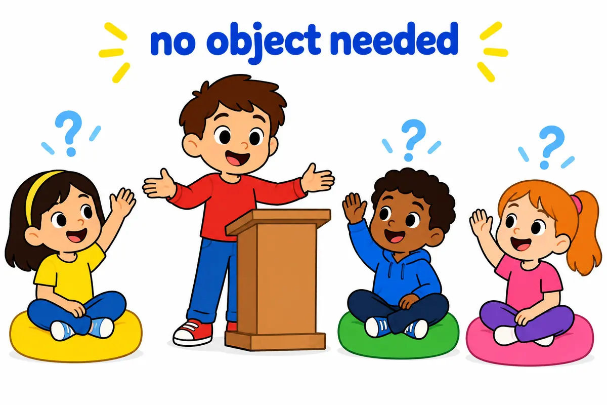 A cartoon speaker holds a small sign while listeners raise hands, showing fire away standing alone without an object.