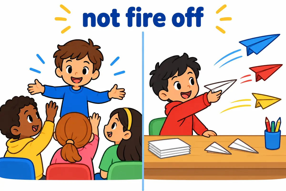 A cartoon split scene contrasts a child inviting questions with a child sending three paper planes quickly across a room.