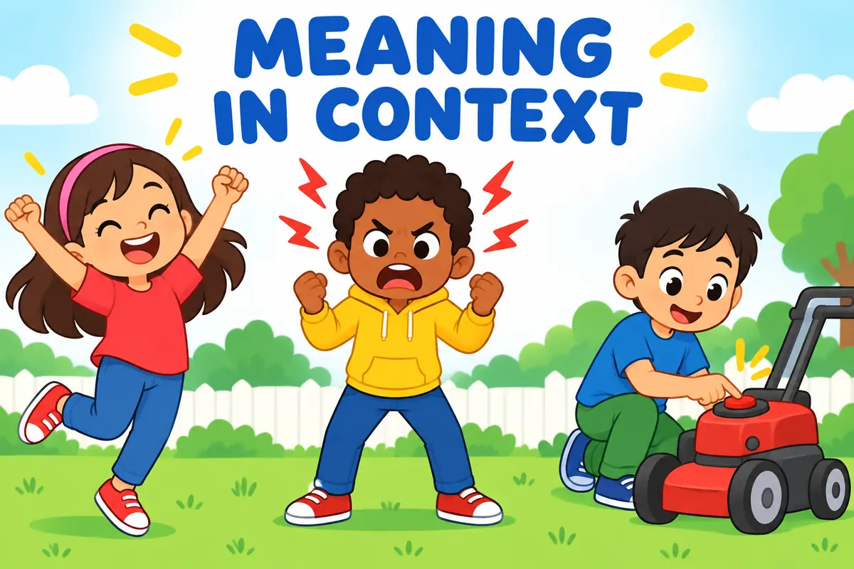 A cartoon scene shows fire up in a sentence through an everyday action that makes its meaning clear.