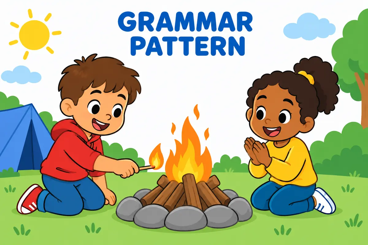 A cartoon scene illustrates the grammar of fire up in a familiar everyday situation.