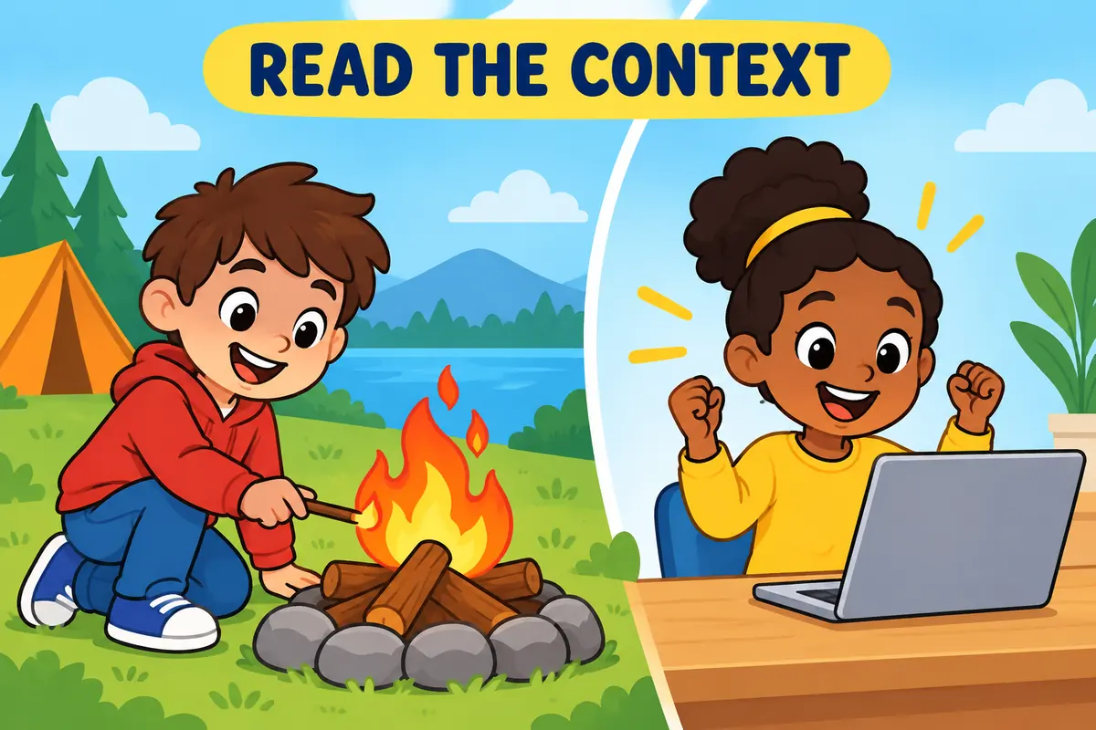 A cartoon comparison shows two contexts that clarify the meaning of fire up.