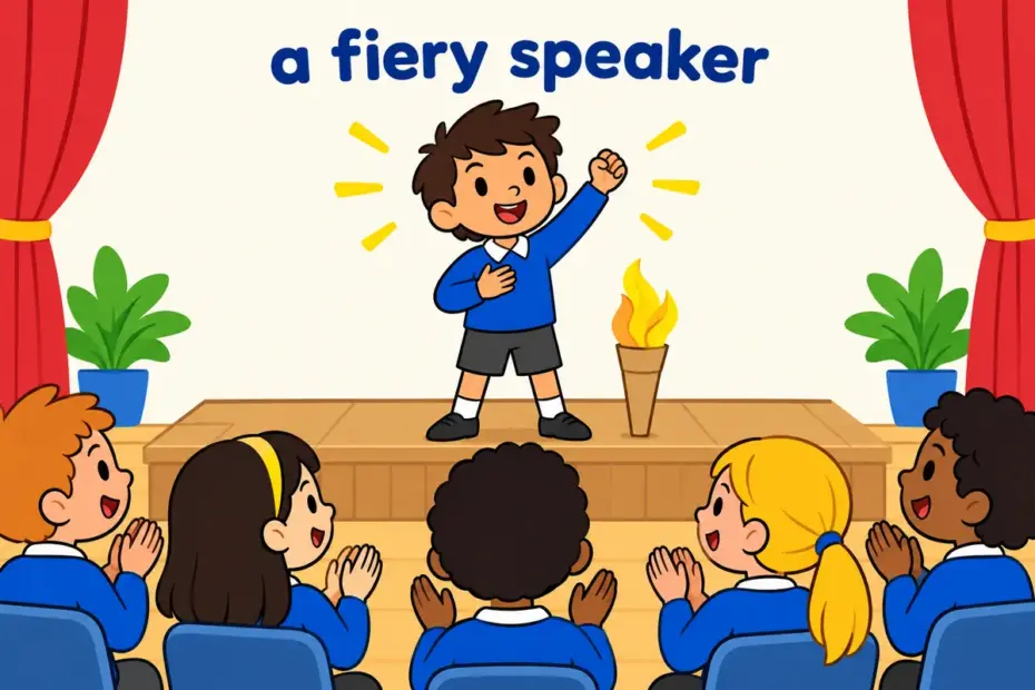 Cartoon pupils watch a confident child give a spirited speech, showing firebrand in a sentence as a stirring leader.