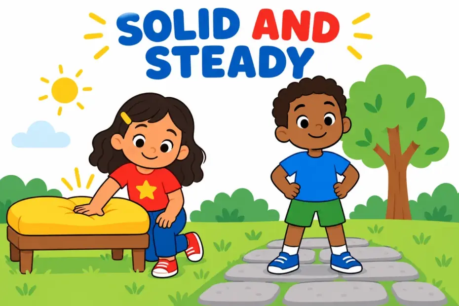 Cartoon children press a springy cushion and stand firmly on a path, showing firm in a sentence as both solid and steady.