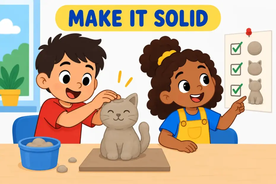 Cartoon children press a soft clay model onto a board, showing firm up in a sentence as making a plan solid.