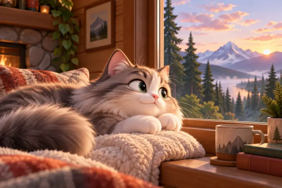 A fluffy cat rests near a window overlooking fir trees.