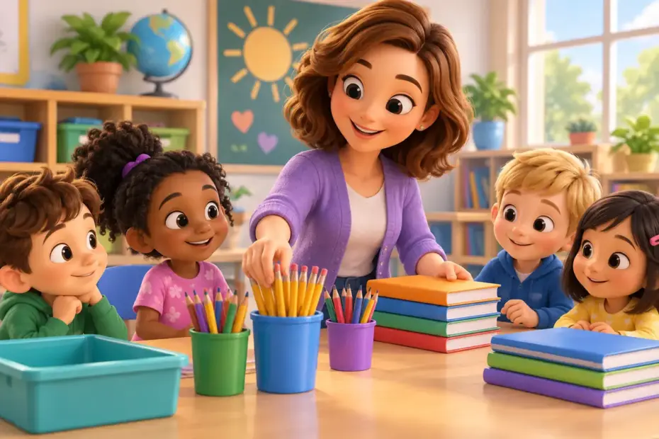 A first-grade teacher models organizing pencils and books.