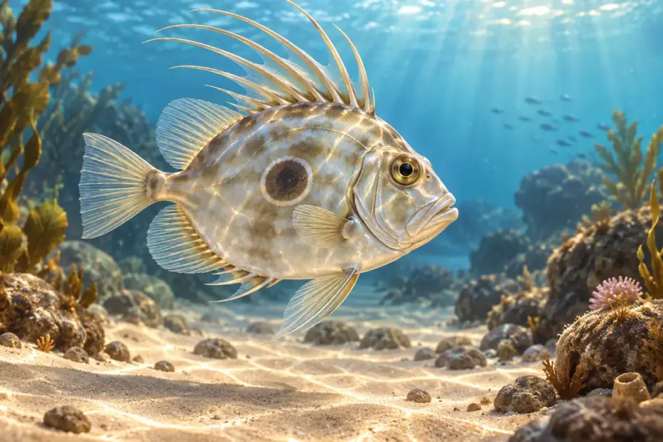 A John dory with a flattened silvery body and a distinct dark side spot swims above a sandy seabed.