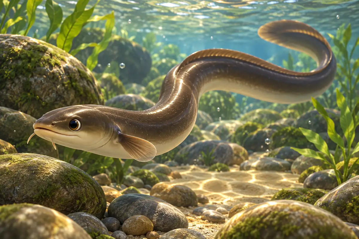 A slender Japanese eel curves through river water beside smooth stones and aquatic plants.