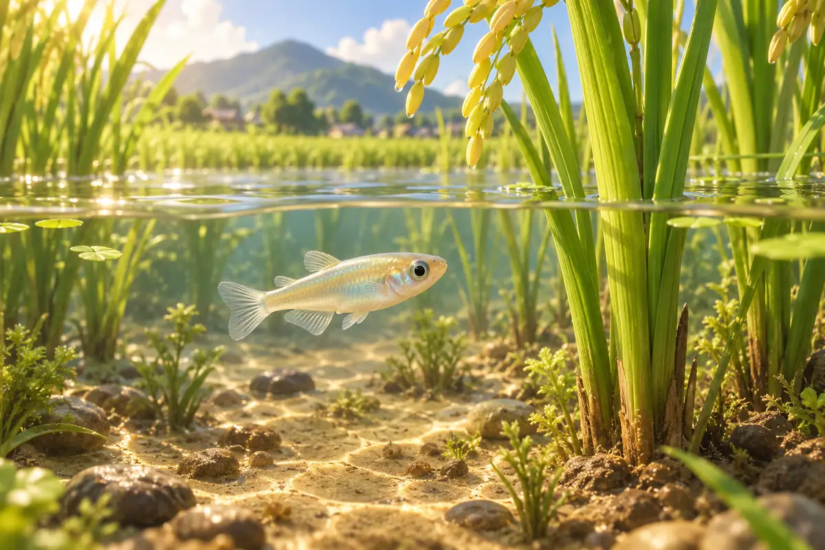 A small Japanese ricefish swims near rice stems in a sunlit shallow pond.