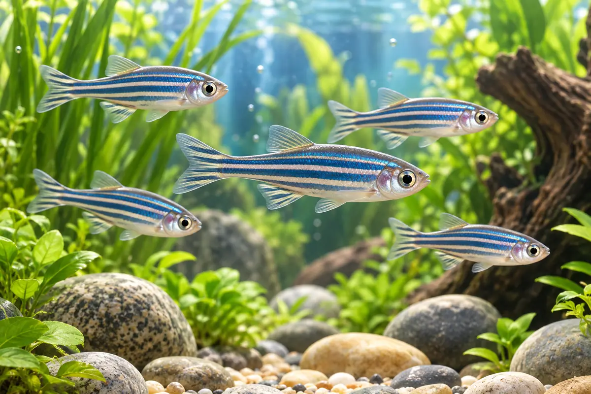 A small school of striped zebrafish swims through a bright freshwater aquarium with plants and smooth stones.