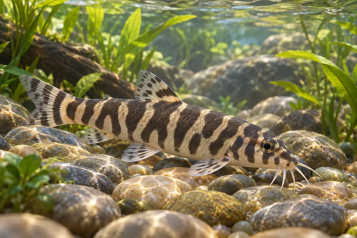 A close view of a striped zebra loach resting above pebbles in a clear stream.