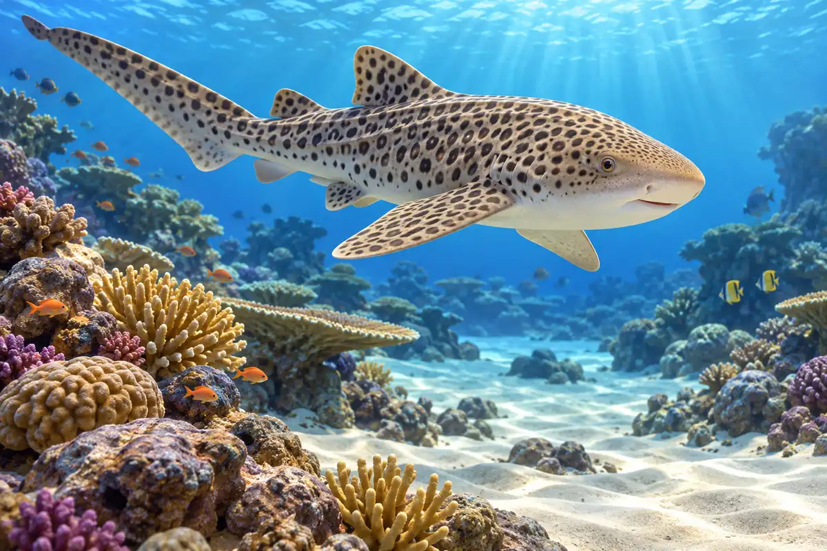 A zebra shark glides over a tropical reef beside coral and sandy patches.