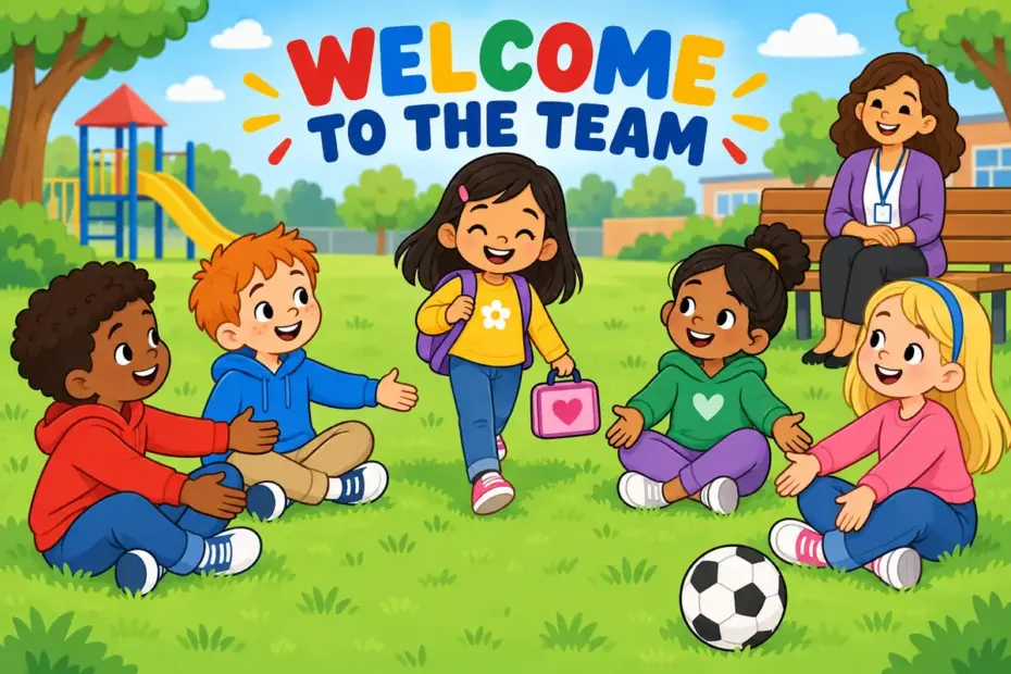 Cartoon pupils make room in a circle for a new classmate, showing fit in in a sentence as belonging.