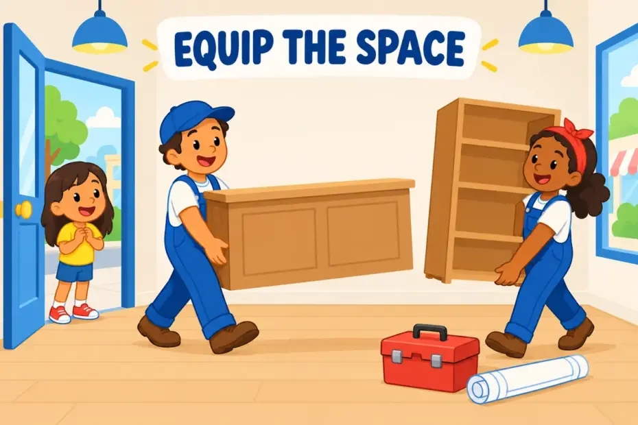 Cartoon workers install shelves and a counter in a new shop, showing fit out in a sentence as equipping a space.