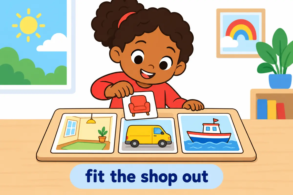 Cartoon cards show a room, a van and a small boat each receiving a set of furniture and tools.