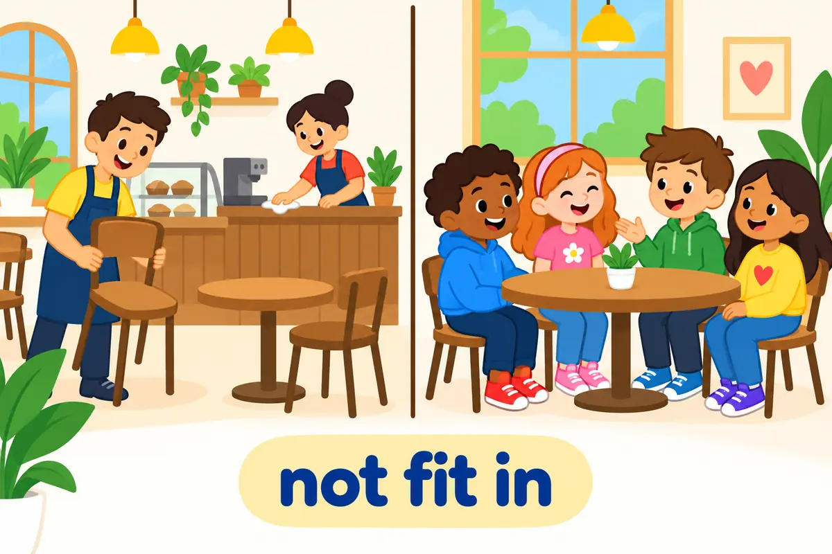 A cartoon split scene contrasts a furnished new café with a child happily joining a group at a table.