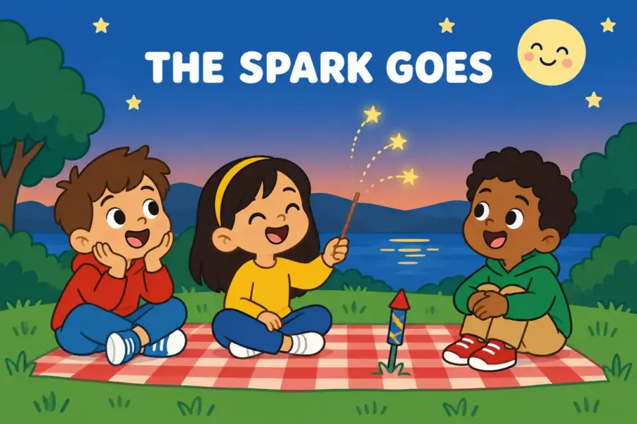 Cartoon children watch a small firework fizzle out into a few weak sparks over a school field, showing fizzle out in a sentence.