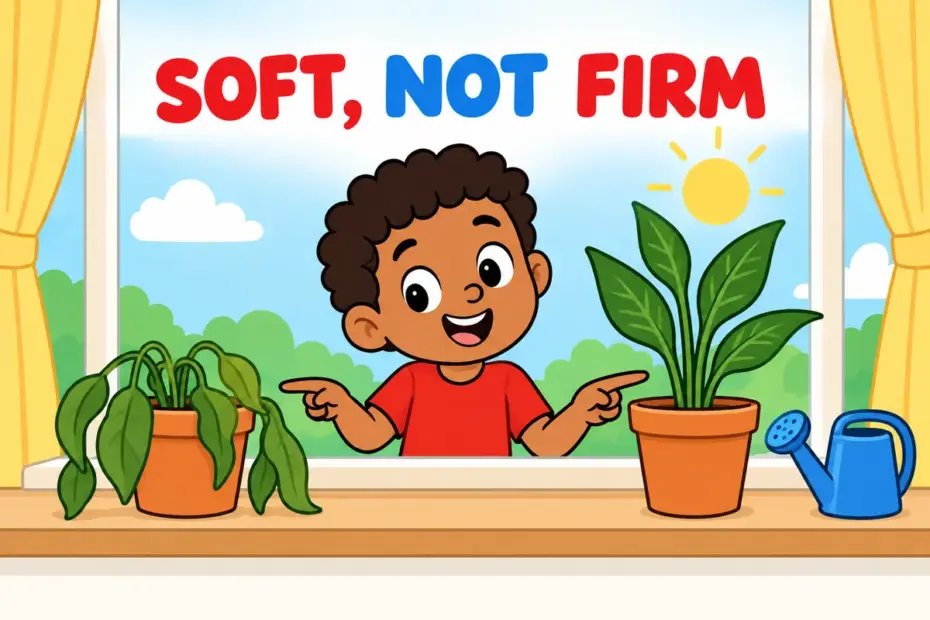 Cartoon child compares a drooping plant with a firm one, showing flaccid in a sentence as softness without firmness.