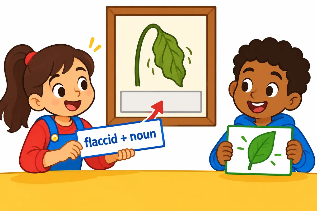 A cartoon card slots the word flaccid in front of a picture of a drooping leaf, teaching the adjective position.