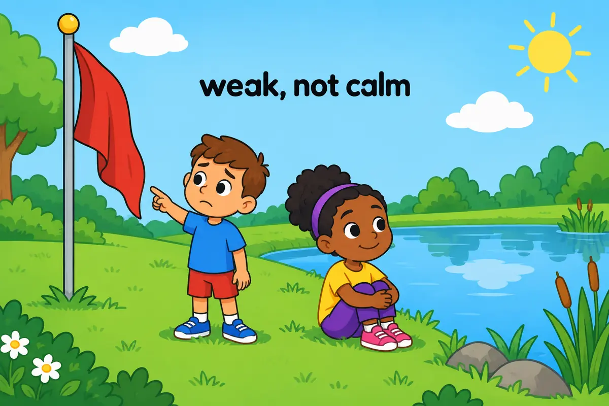 A single unified cartoon scene contrasts a drooping flag with a calm pond, teaching that flaccid and placid are different words.
