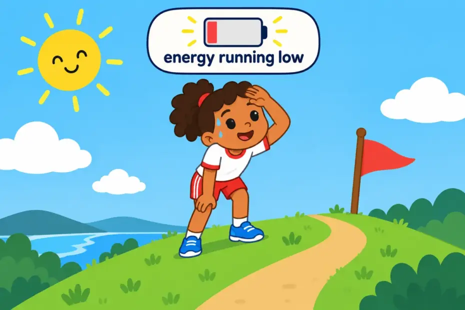 A tired cartoon runner slows on a hill with a low battery sign, illustrating flagging in a sentence as energy running down but not stopping.