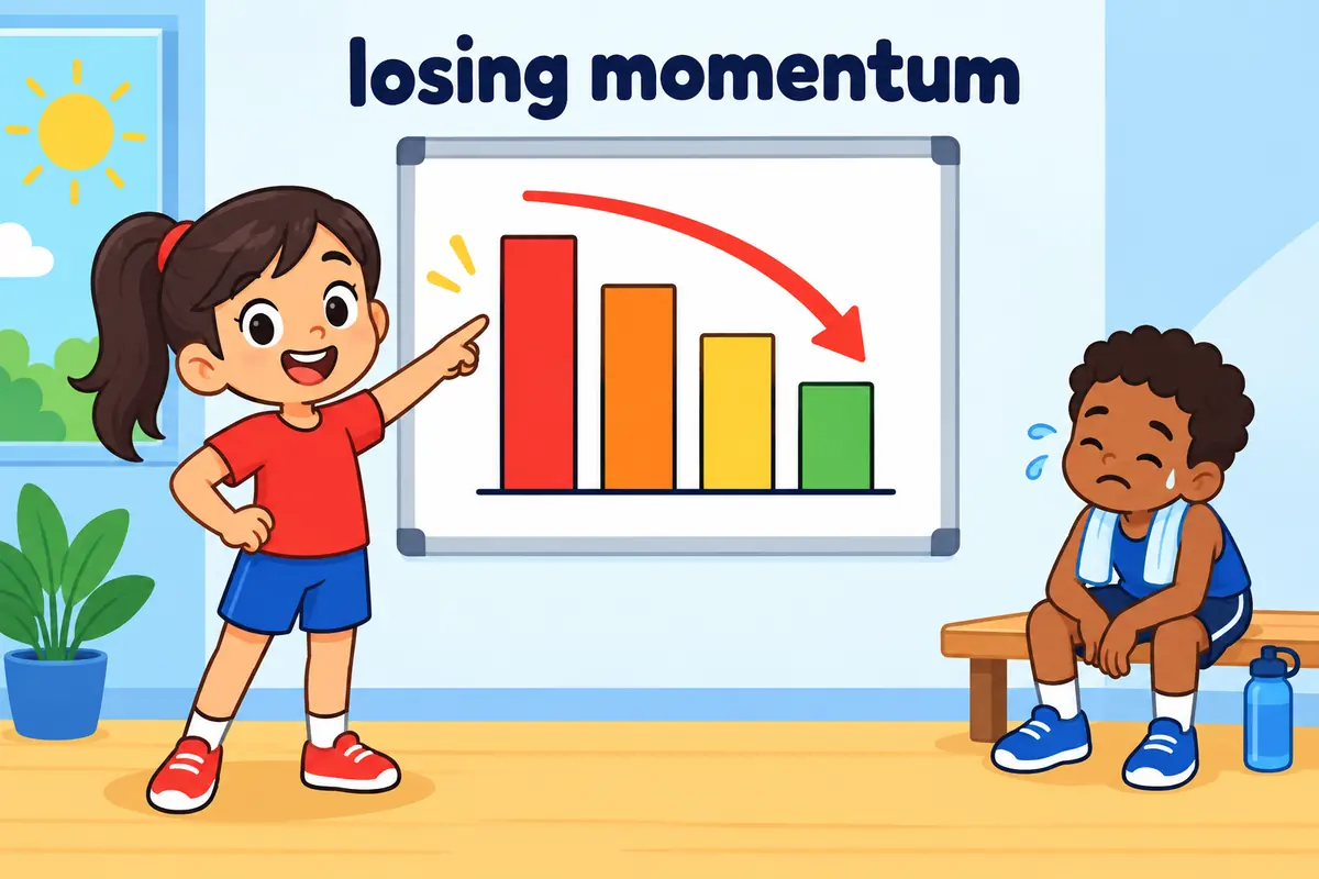 A cartoon child watches a bar chart of bars slowly dropping while the word flagging labels the trend, showing the adjective use.