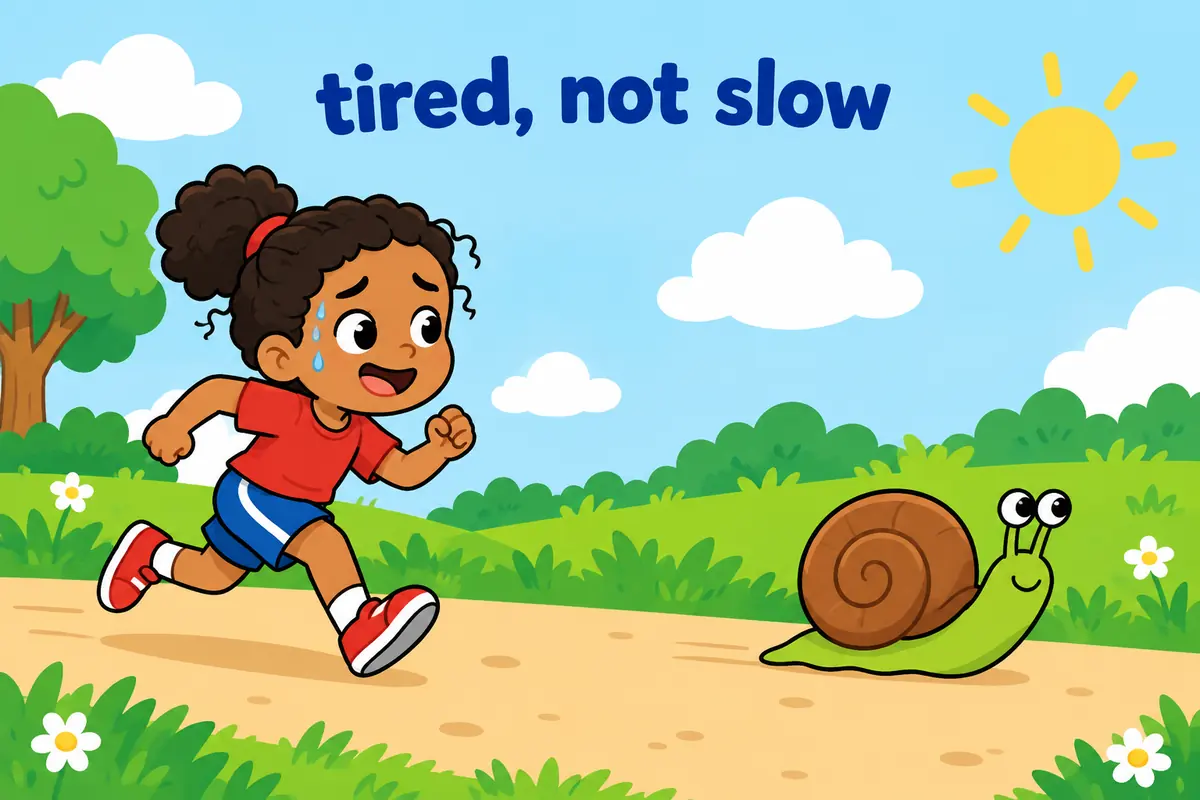 A single unified cartoon scene contrasts a weary but quick child with a slow-moving snail, comparing flagging and sluggish.