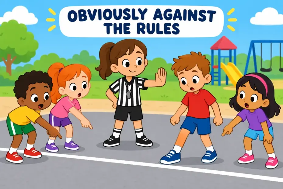 A cartoon referee stops a game because a player has clearly broken a rule, showing flagrant in a sentence as an open breach.