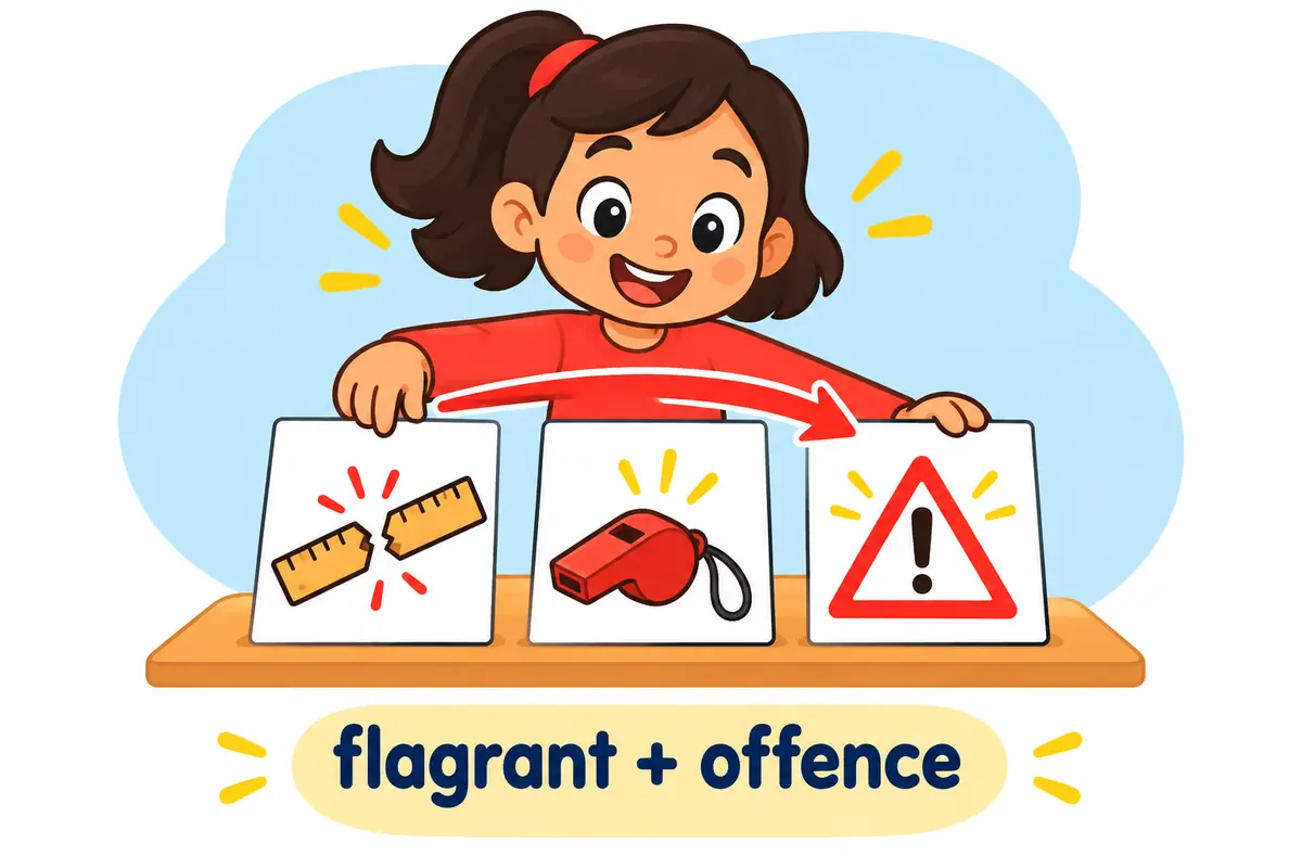 Three cartoon cards carry a broken rule sign, a whistle and a warning triangle, showing the nouns flagrant describes.