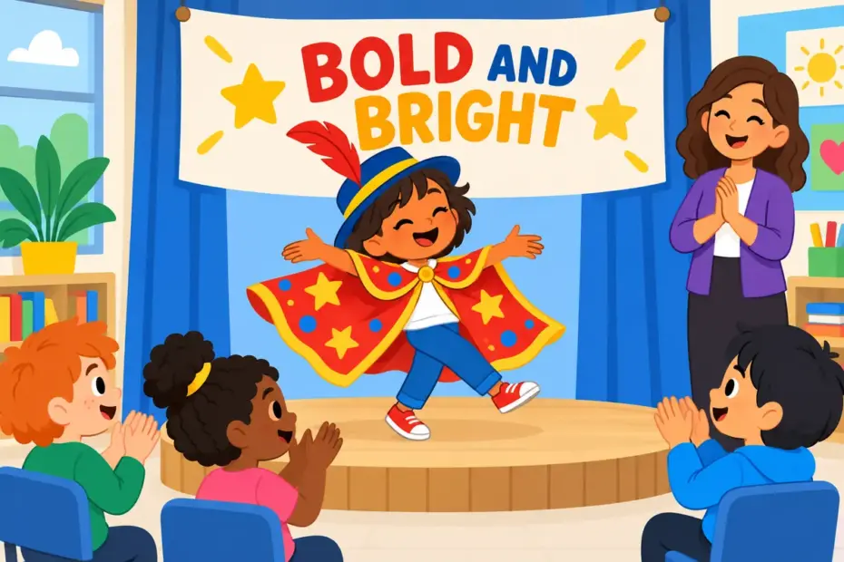 Cartoon children watch a classmate twirl in a bright patterned cape during show-and-tell, showing flamboyant in a sentence.